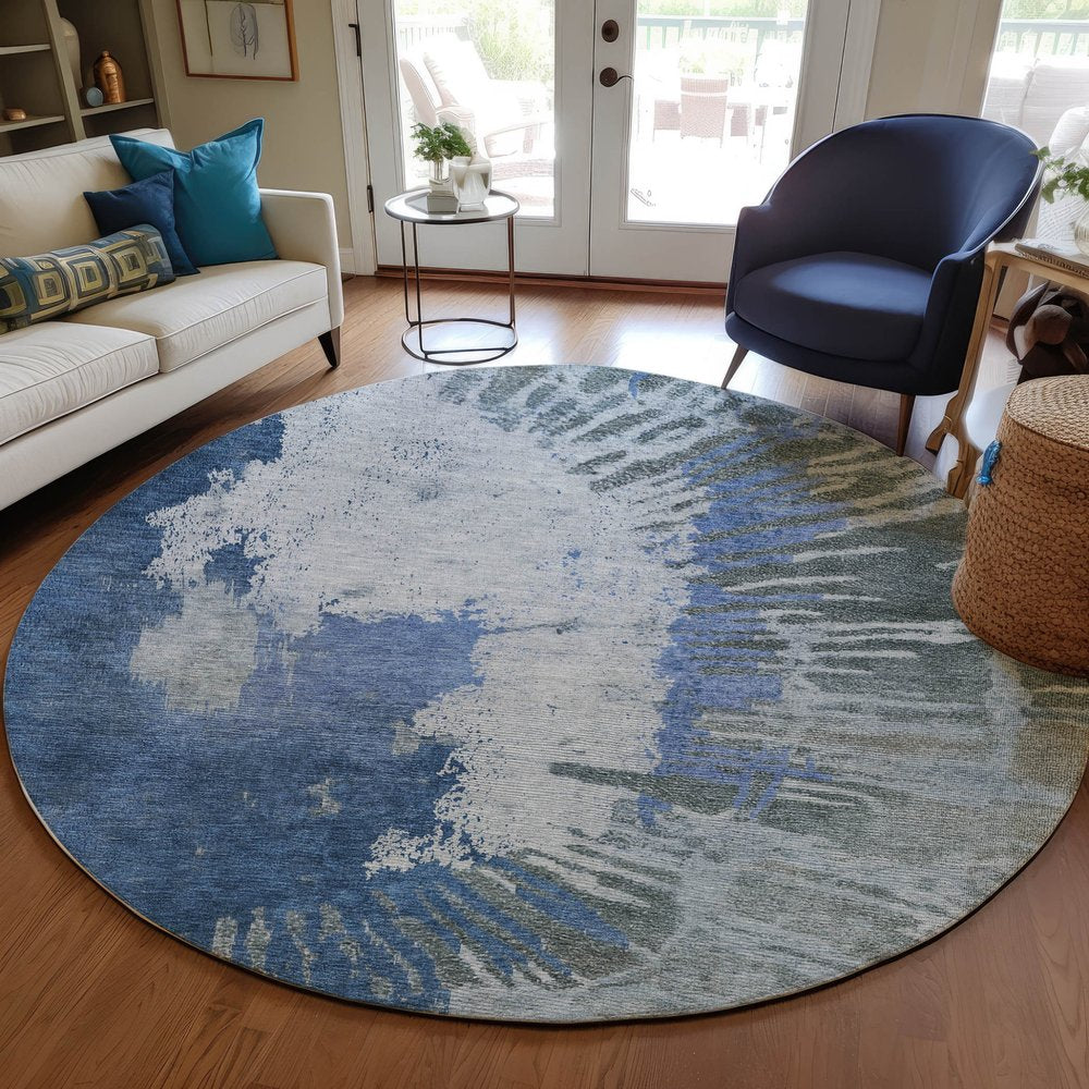 3' X 5' Denim Blue And Navy Blue Abstract Washable Indoor Outdoor Area Rug