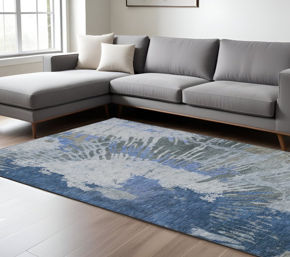 3' X 5' Denim Blue And Navy Blue Abstract Washable Indoor Outdoor Area Rug