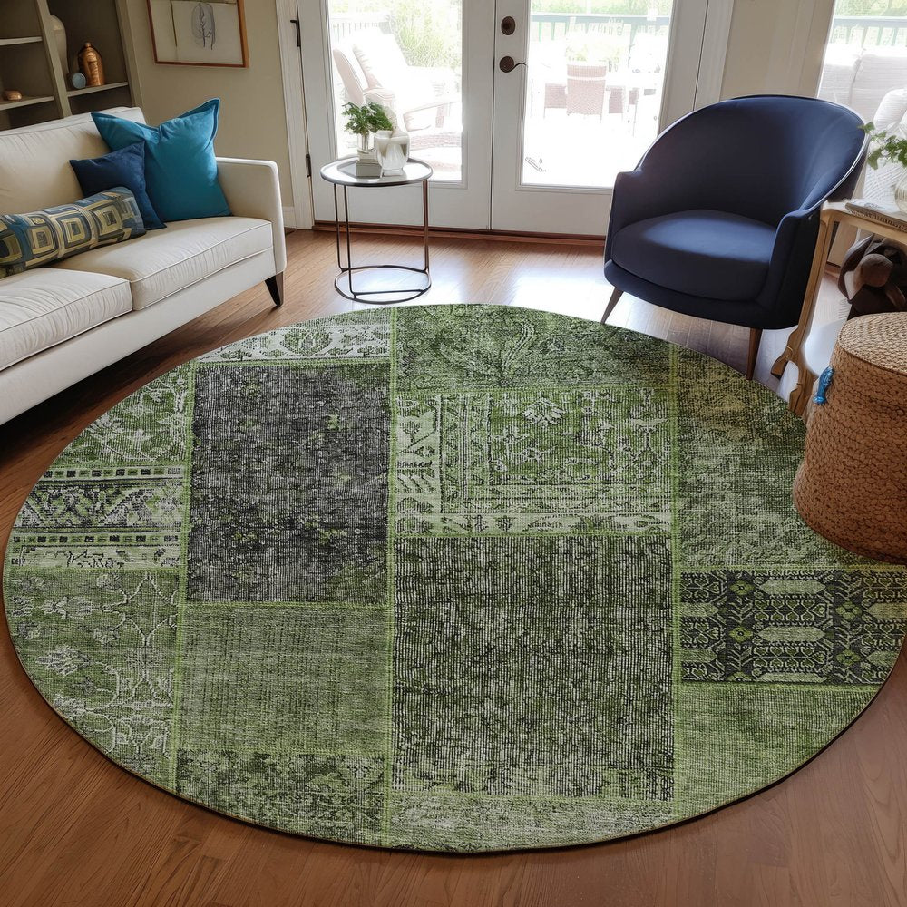 3' X 5' Olive Green And Gray Patchwork Washable Indoor Outdoor Area Rug