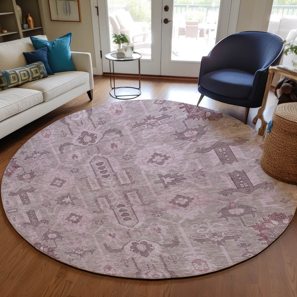 3' X 5' Pink Mauve And Blush Oriental Washable Indoor Outdoor Area Rug
