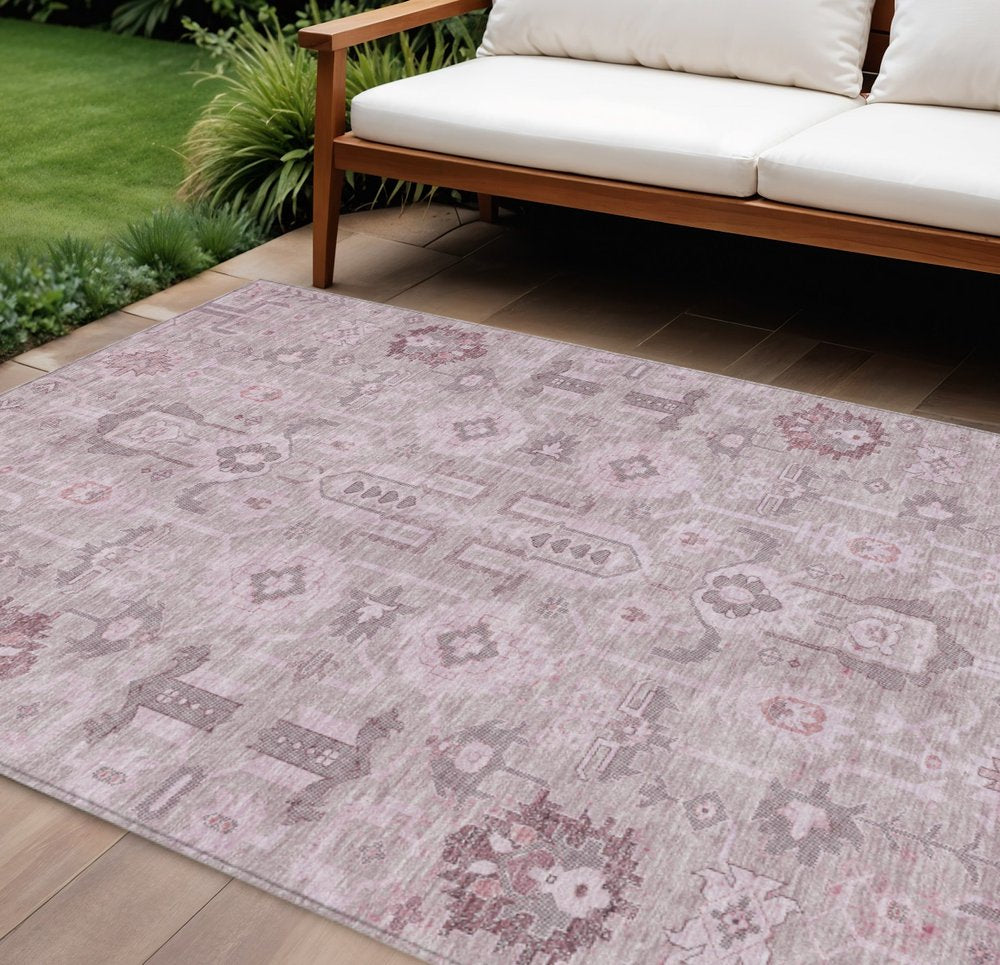 3' X 5' Pink Mauve And Blush Oriental Washable Indoor Outdoor Area Rug