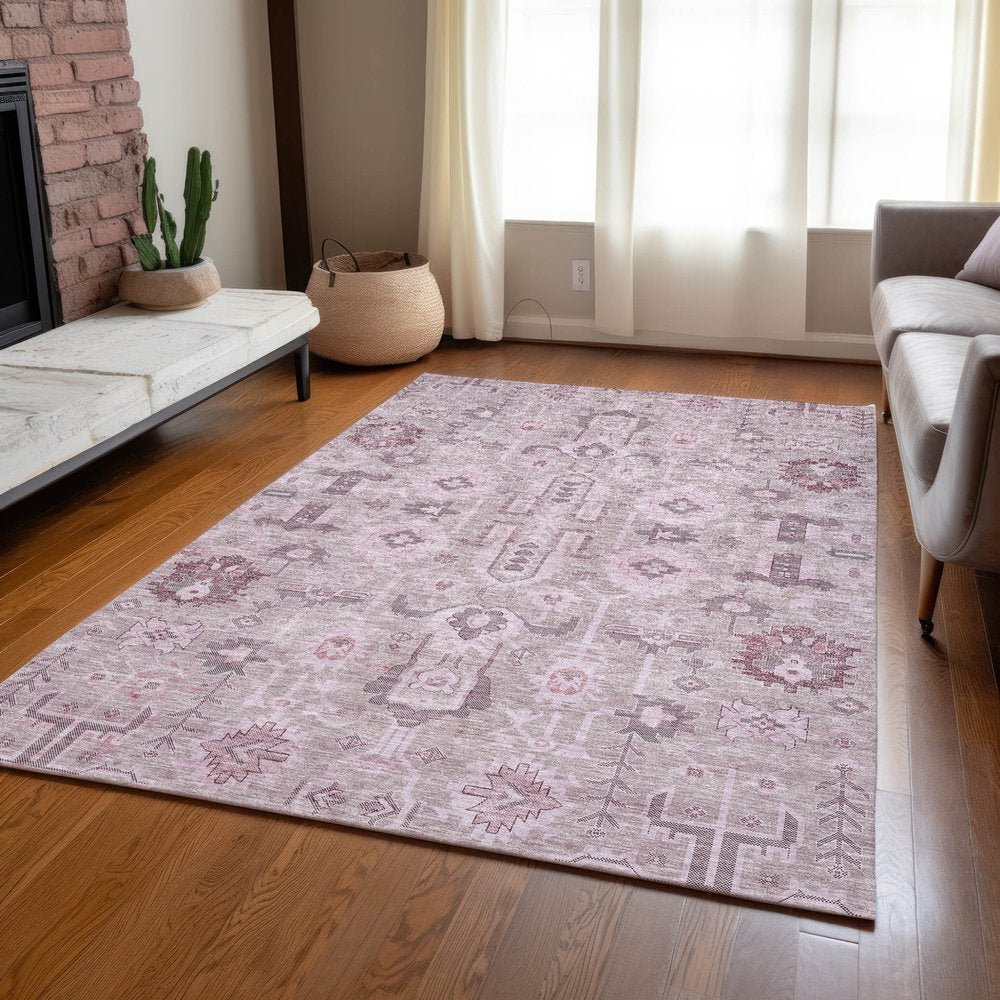 3' X 5' Pink Mauve And Blush Oriental Washable Indoor Outdoor Area Rug