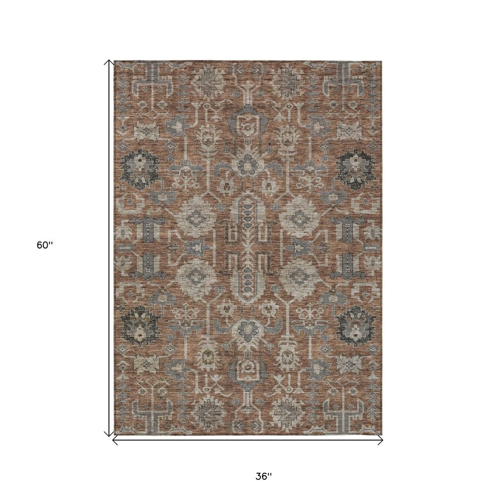 3' X 5' Brown Gray And Charcoal Oriental Washable Indoor Outdoor Area Rug