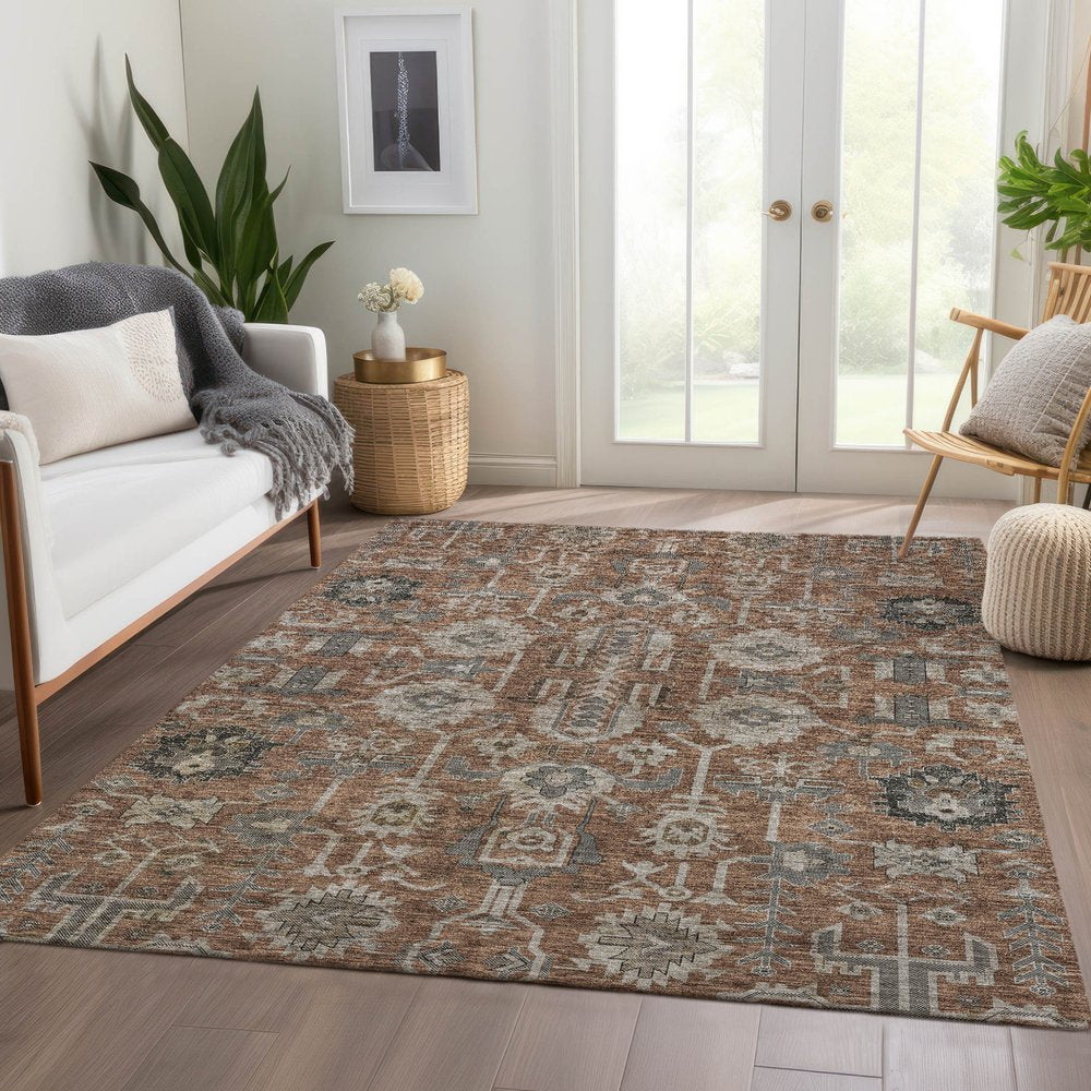 3' X 5' Brown Gray And Charcoal Oriental Washable Indoor Outdoor Area Rug