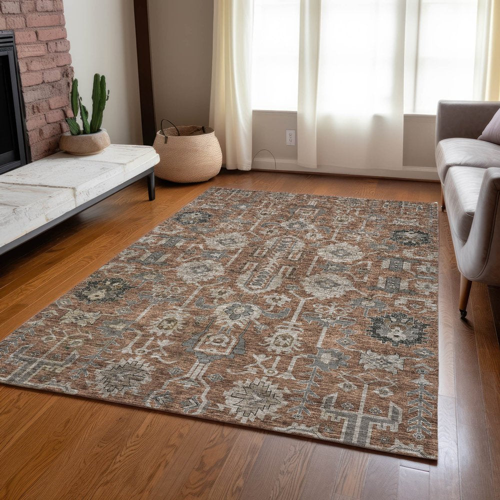 3' X 5' Brown Gray And Charcoal Oriental Washable Indoor Outdoor Area Rug