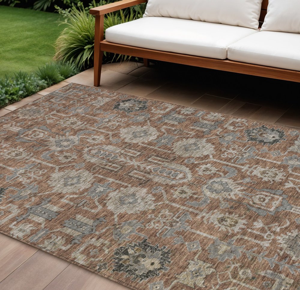 3' X 5' Brown Gray And Charcoal Oriental Washable Indoor Outdoor Area Rug