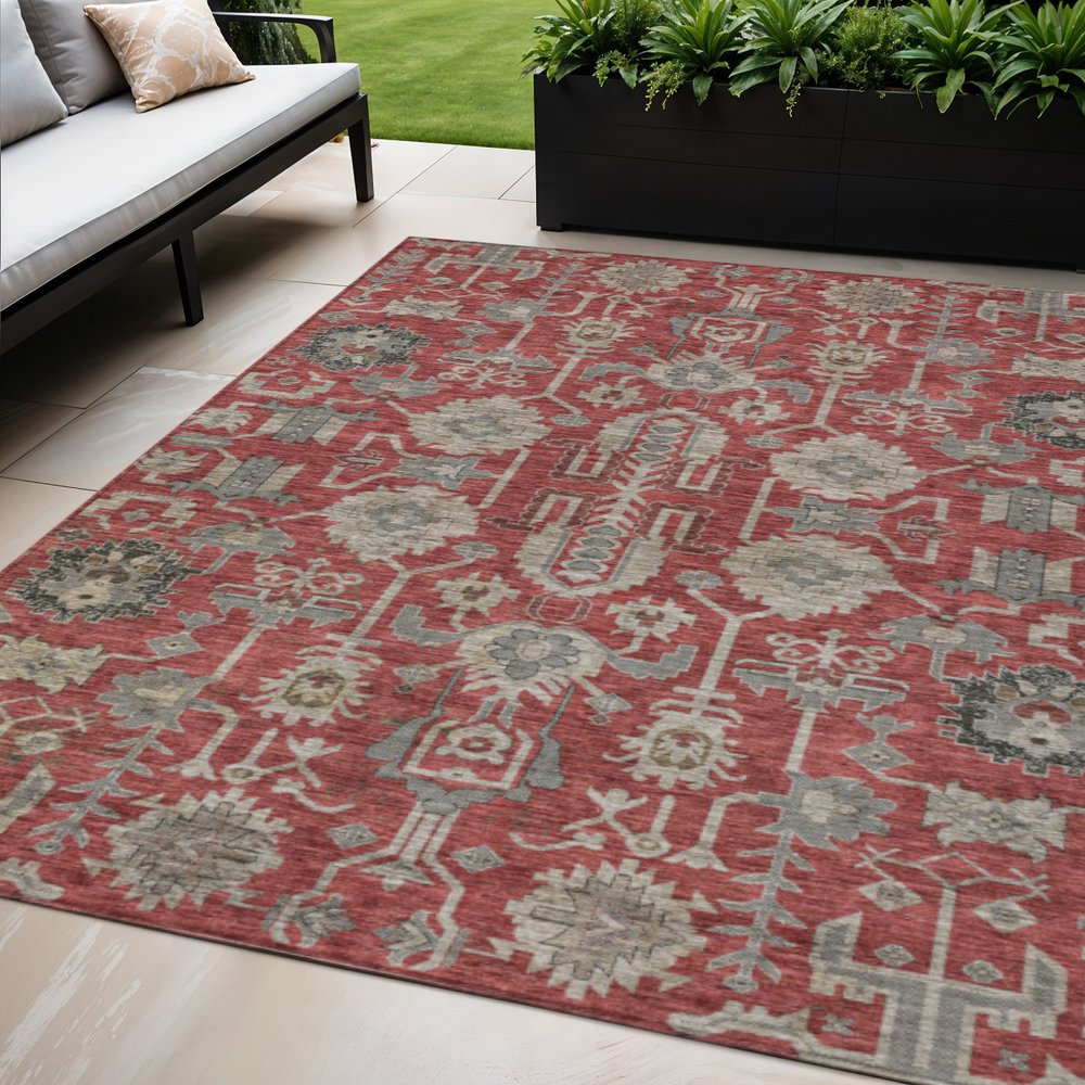 3' X 5' Red Beige And Charcoal Oriental Washable Indoor Outdoor Area Rug