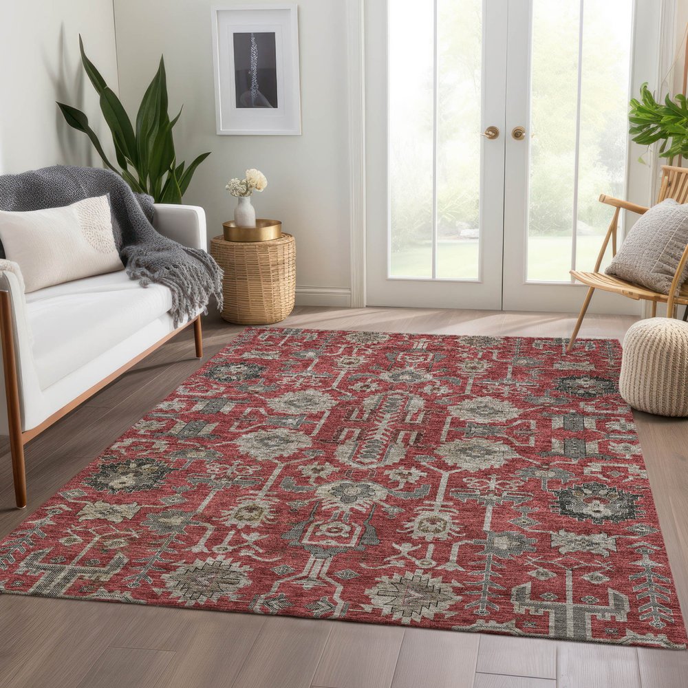 3' X 5' Red Beige And Charcoal Oriental Washable Indoor Outdoor Area Rug