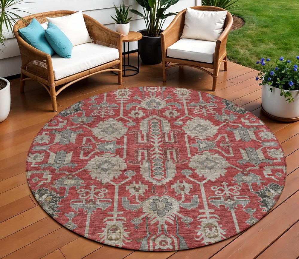 3' X 5' Red Beige And Charcoal Oriental Washable Indoor Outdoor Area Rug