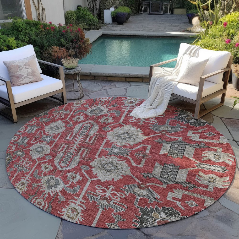 3' X 5' Red Beige And Charcoal Oriental Washable Indoor Outdoor Area Rug