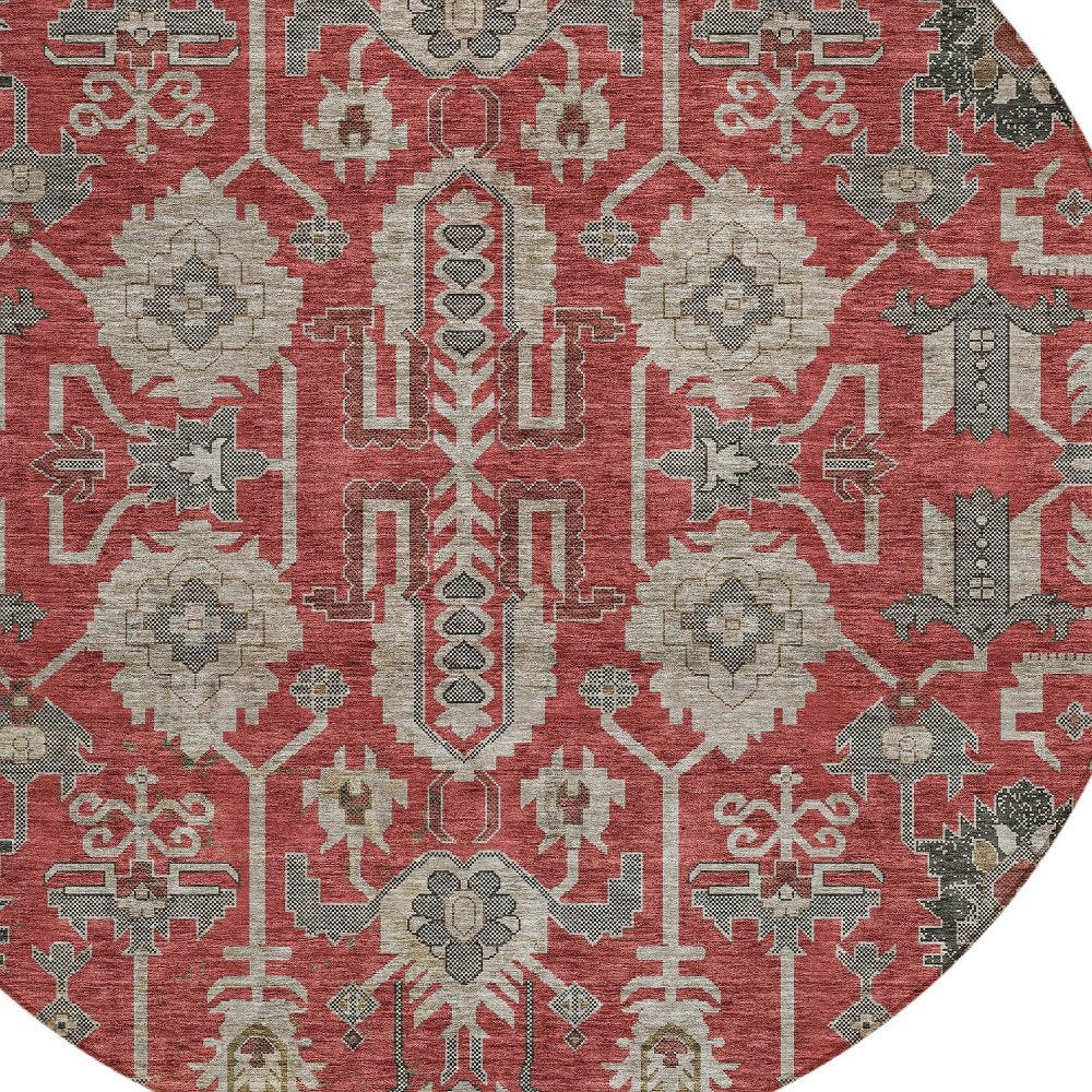 3' X 5' Red Beige And Charcoal Oriental Washable Indoor Outdoor Area Rug