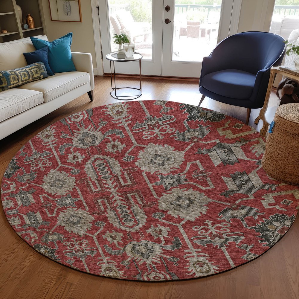 3' X 5' Red Beige And Charcoal Oriental Washable Indoor Outdoor Area Rug