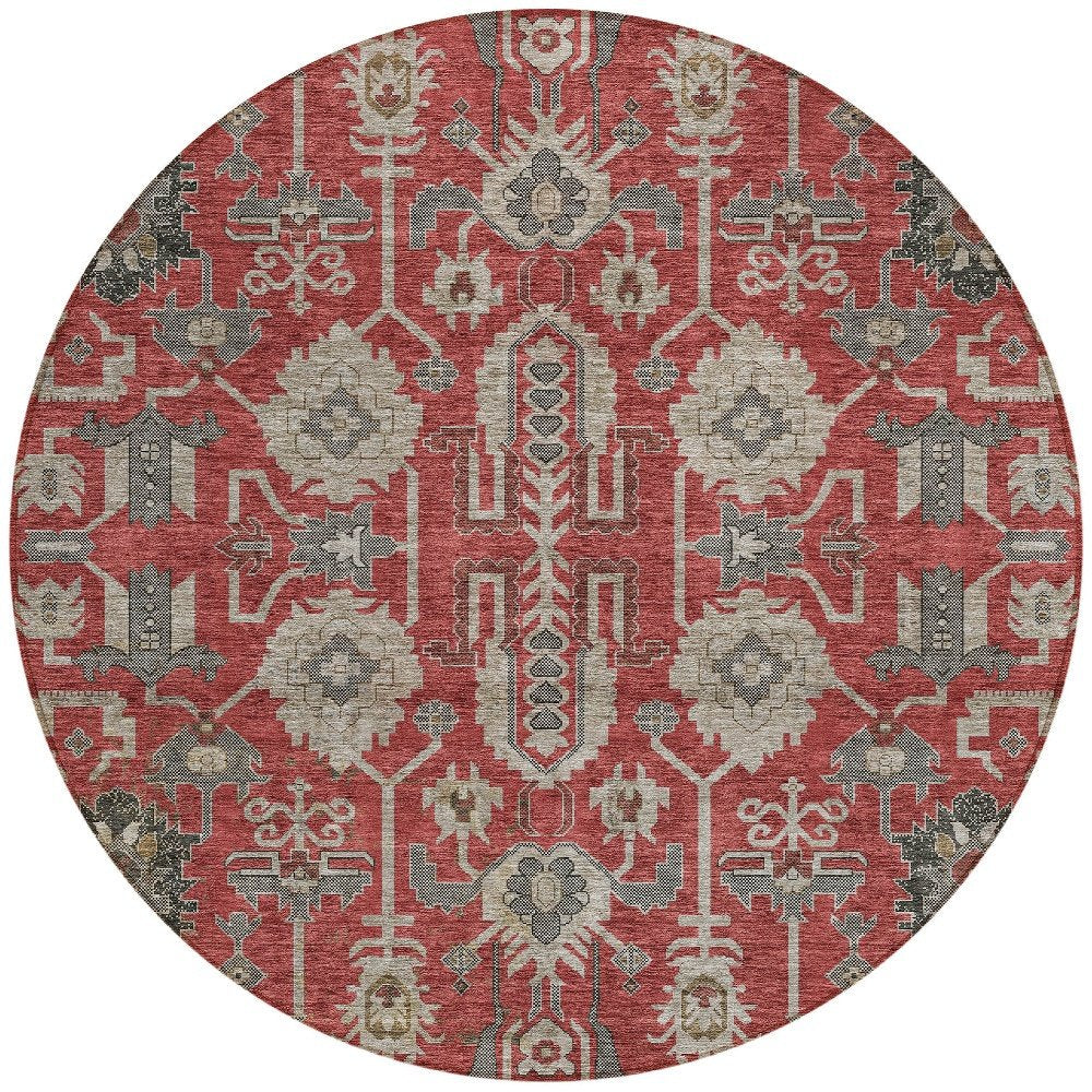 3' X 5' Red Beige And Charcoal Oriental Washable Indoor Outdoor Area Rug