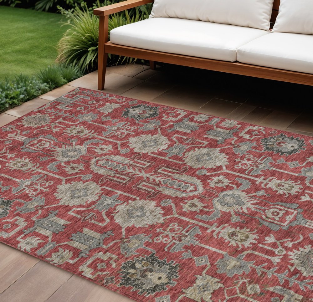 3' X 5' Red Beige And Charcoal Oriental Washable Indoor Outdoor Area Rug