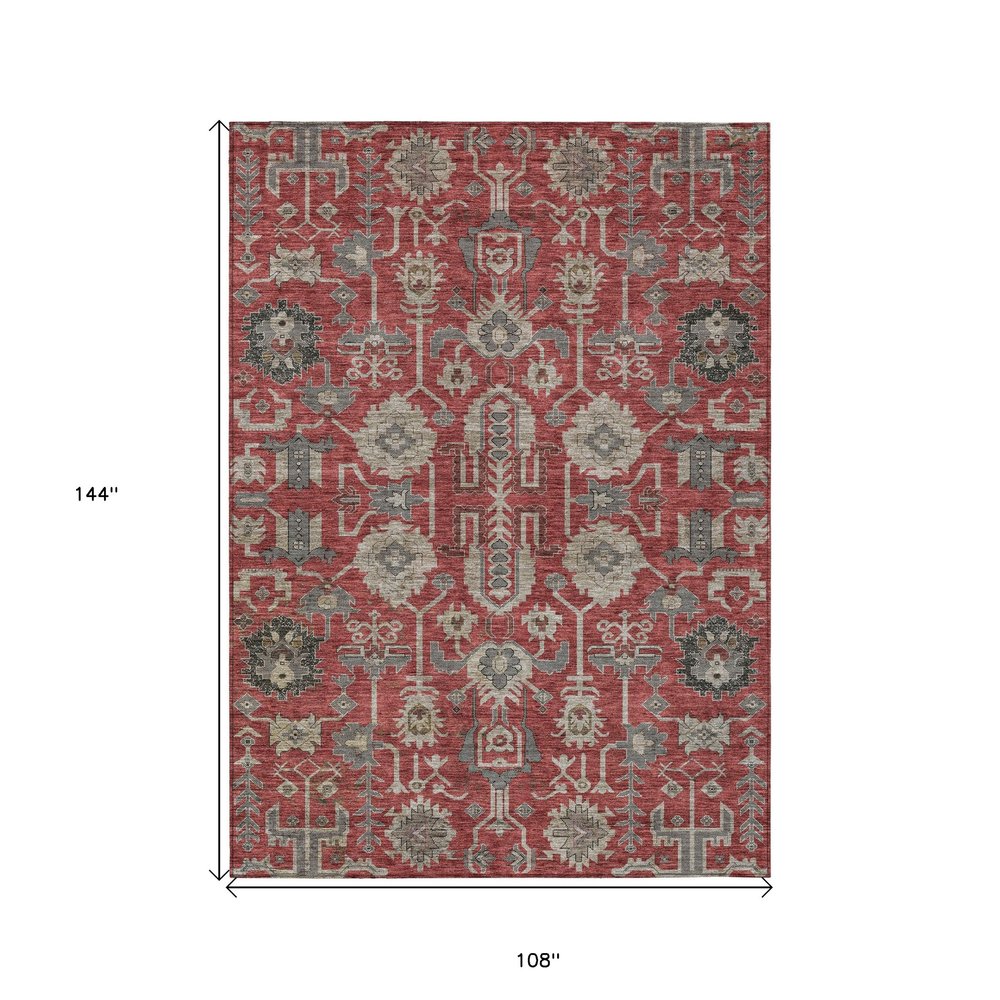 3' X 5' Red Beige And Charcoal Oriental Washable Indoor Outdoor Area Rug