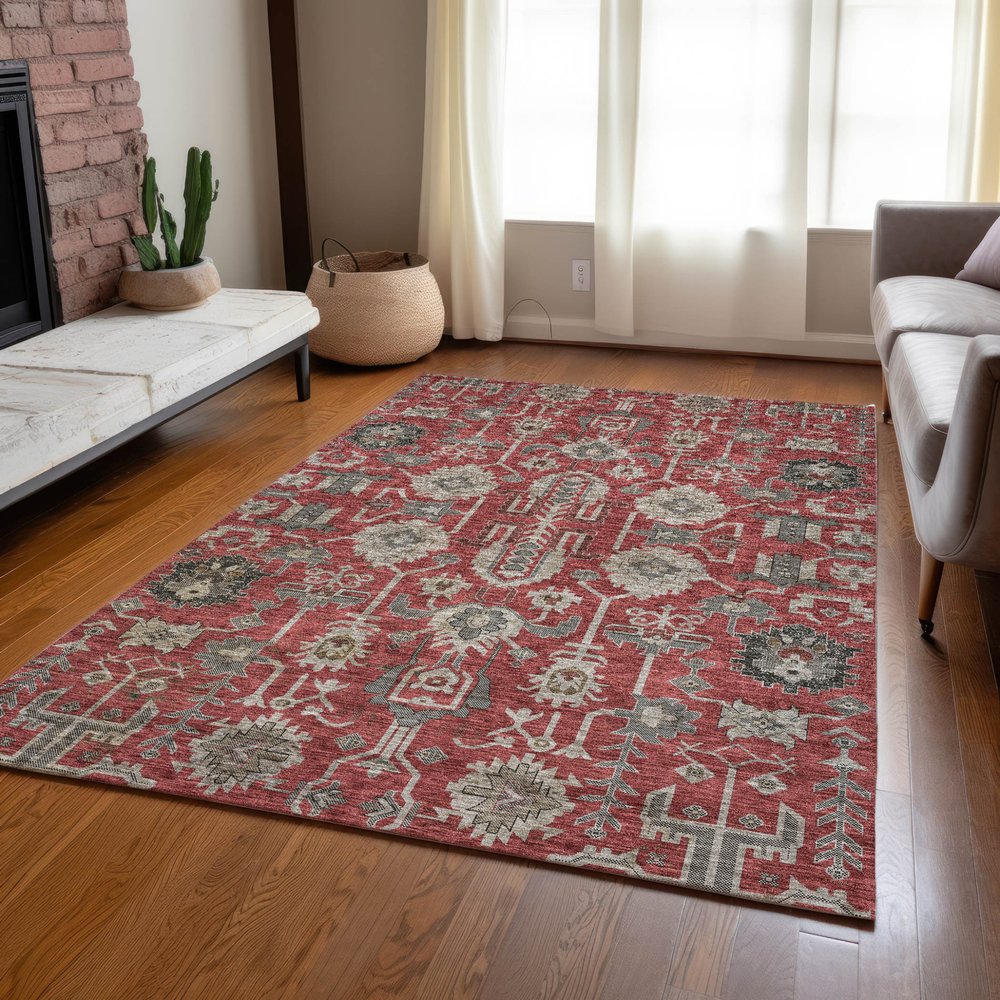 3' X 5' Red Beige And Charcoal Oriental Washable Indoor Outdoor Area Rug