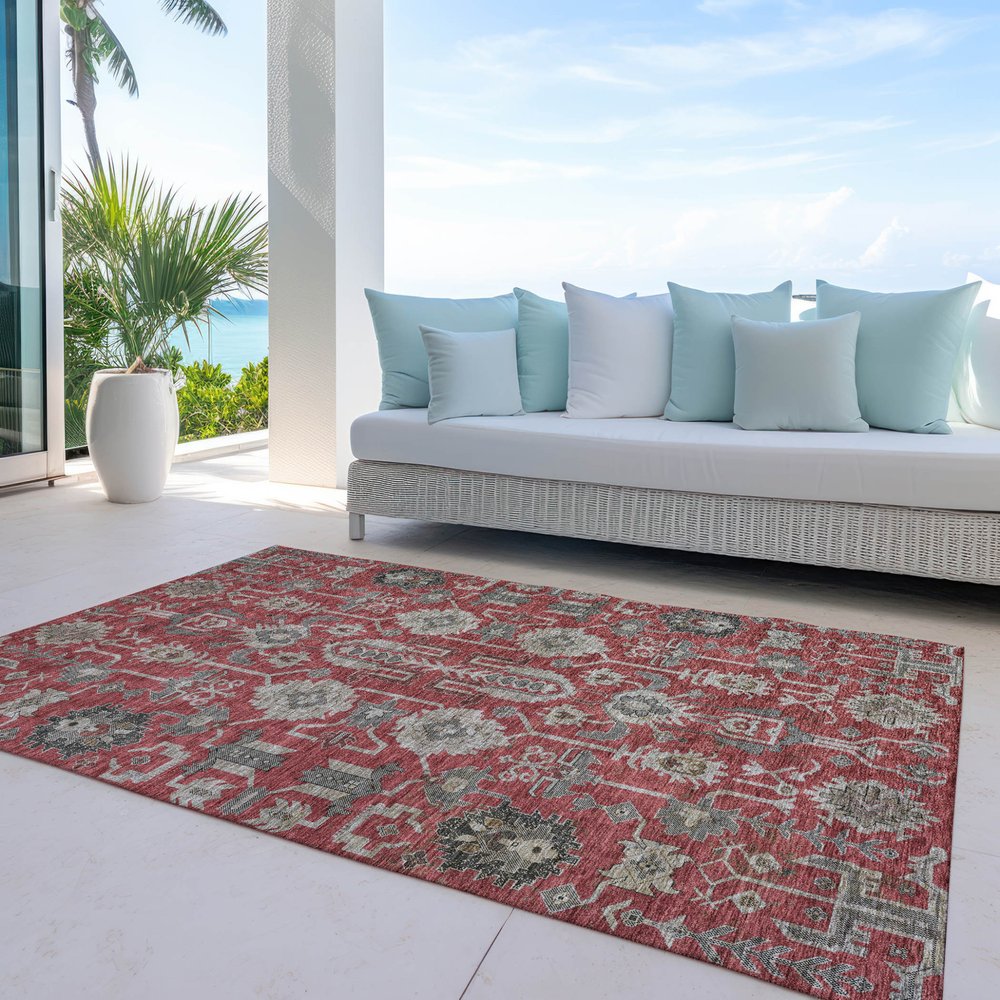 3' X 5' Red Beige And Charcoal Oriental Washable Indoor Outdoor Area Rug