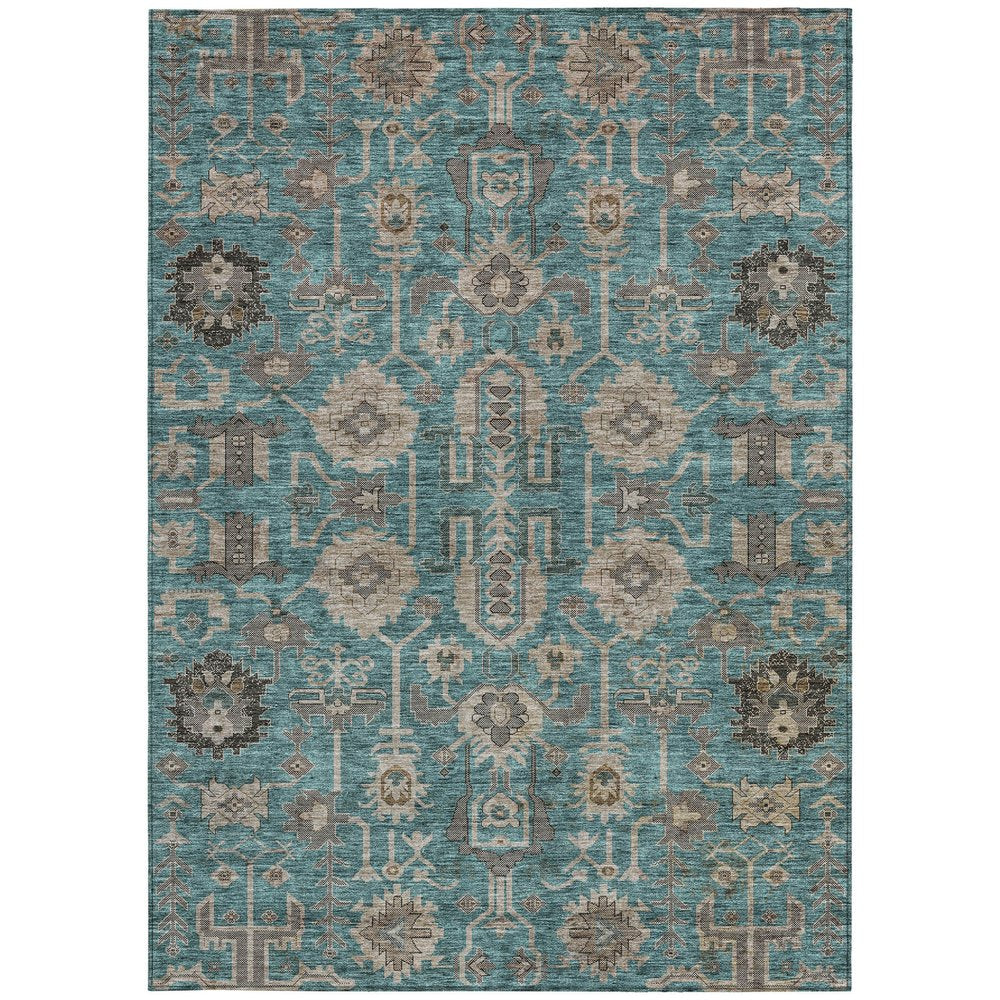 3' X 5' Teal Blue Aqua And Beige Oriental Washable Indoor Outdoor Area Rug