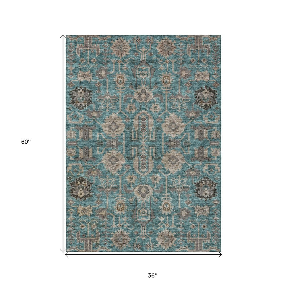 3' X 5' Teal Blue Aqua And Beige Oriental Washable Indoor Outdoor Area Rug