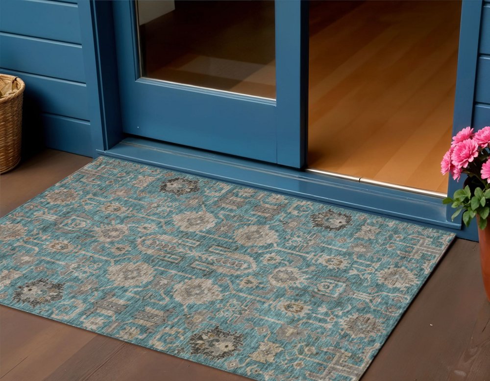 3' X 5' Teal Blue Aqua And Beige Oriental Washable Indoor Outdoor Area Rug