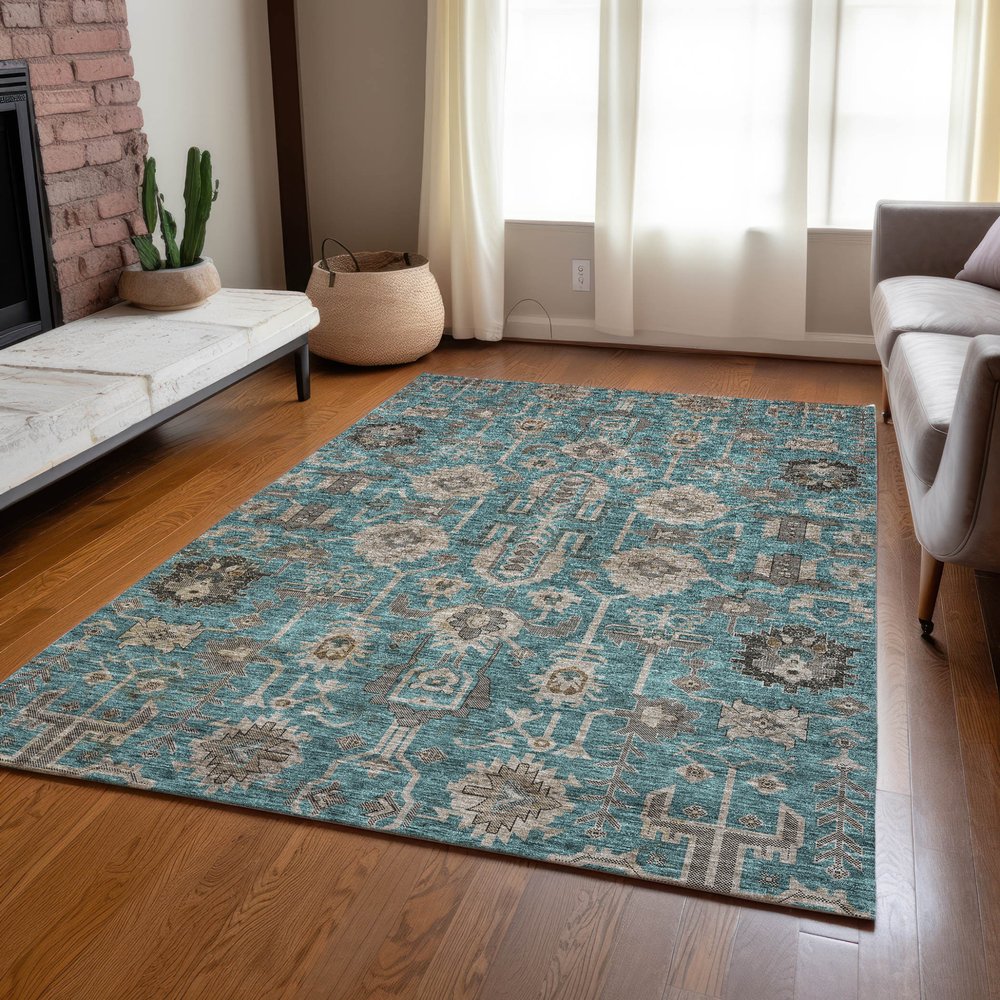 3' X 5' Teal Blue Aqua And Beige Oriental Washable Indoor Outdoor Area Rug
