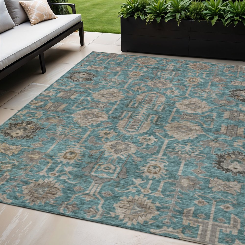 3' X 5' Teal Blue Aqua And Beige Oriental Washable Indoor Outdoor Area Rug