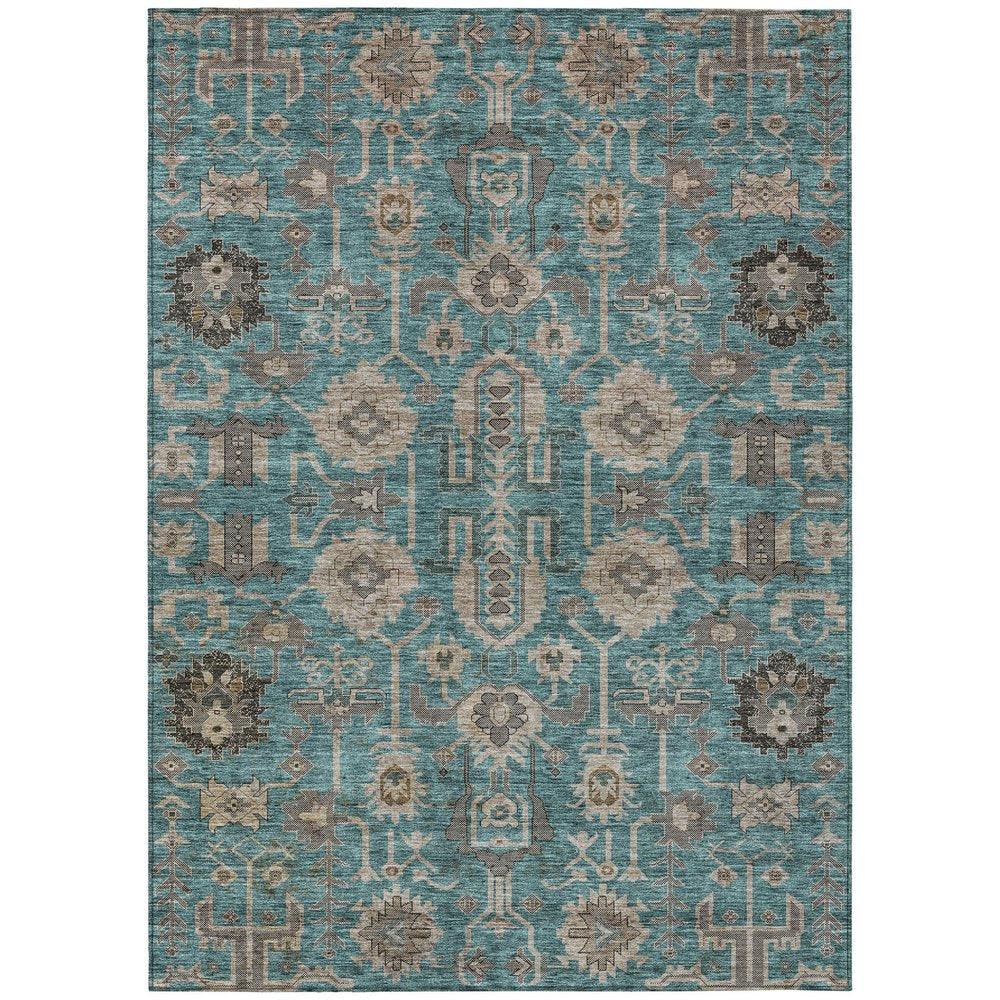 3' X 5' Teal Blue Aqua And Beige Oriental Washable Indoor Outdoor Area Rug