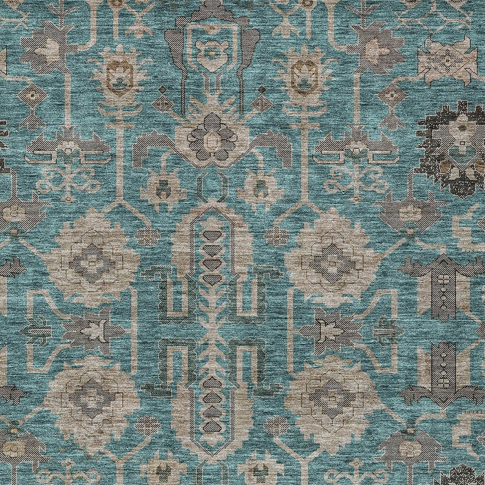 3' X 5' Teal Blue Aqua And Beige Oriental Washable Indoor Outdoor Area Rug