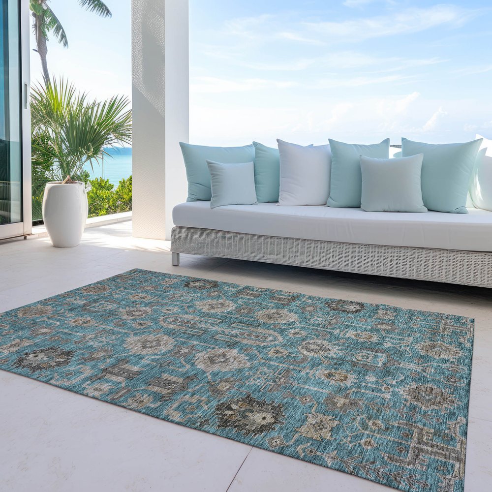 3' X 5' Teal Blue Aqua And Beige Oriental Washable Indoor Outdoor Area Rug