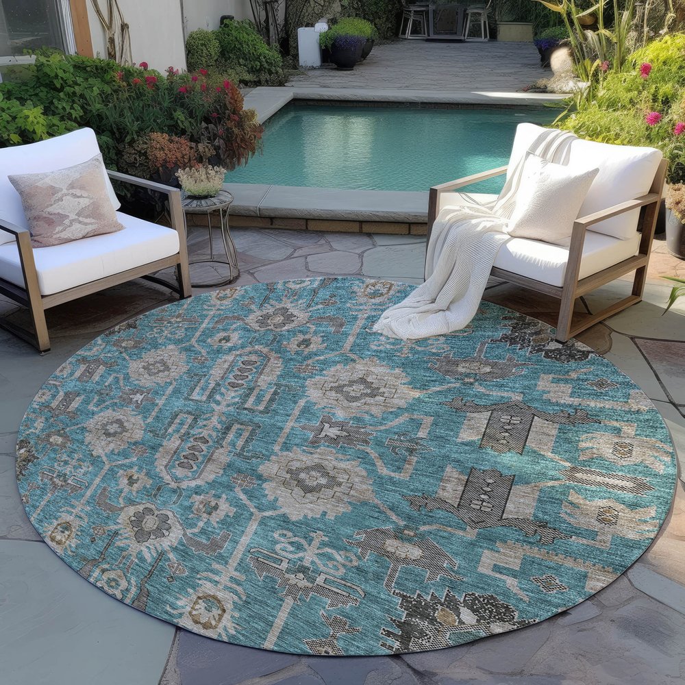 3' X 5' Teal Blue Aqua And Beige Oriental Washable Indoor Outdoor Area Rug