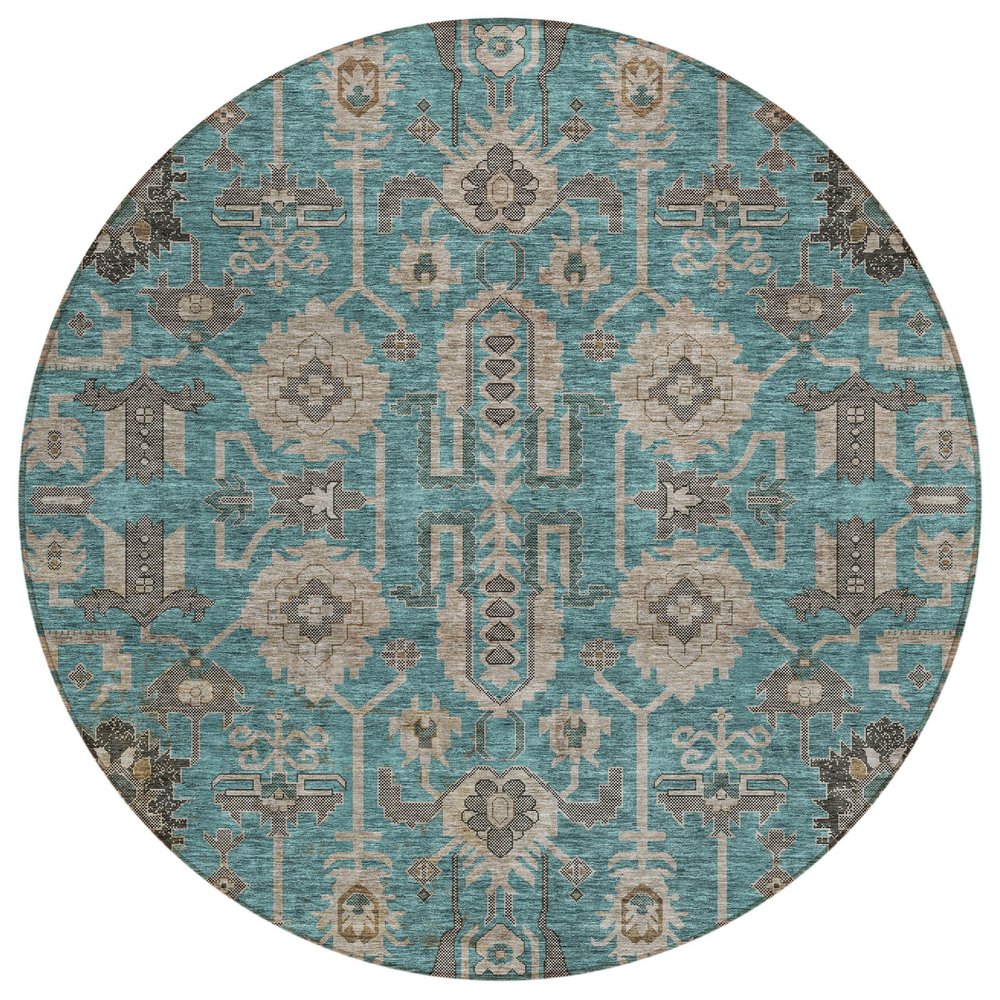 3' X 5' Teal Blue Aqua And Beige Oriental Washable Indoor Outdoor Area Rug