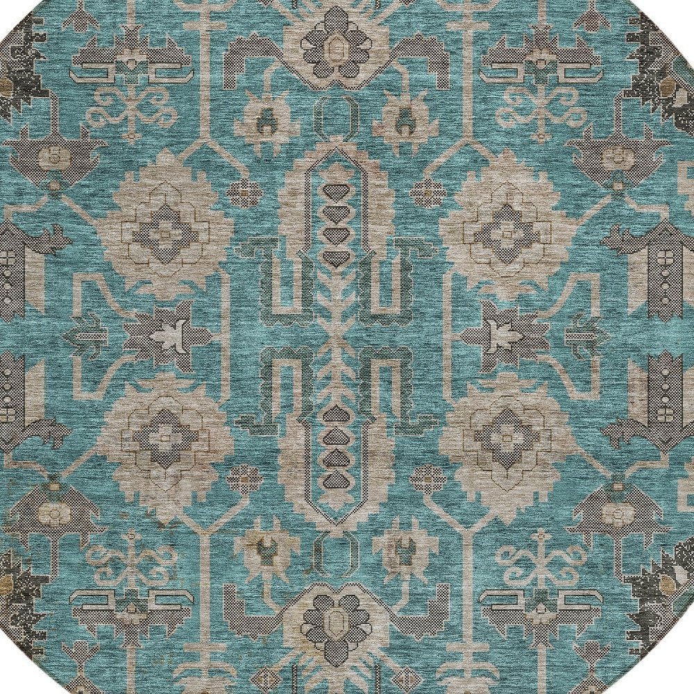 3' X 5' Teal Blue Aqua And Beige Oriental Washable Indoor Outdoor Area Rug