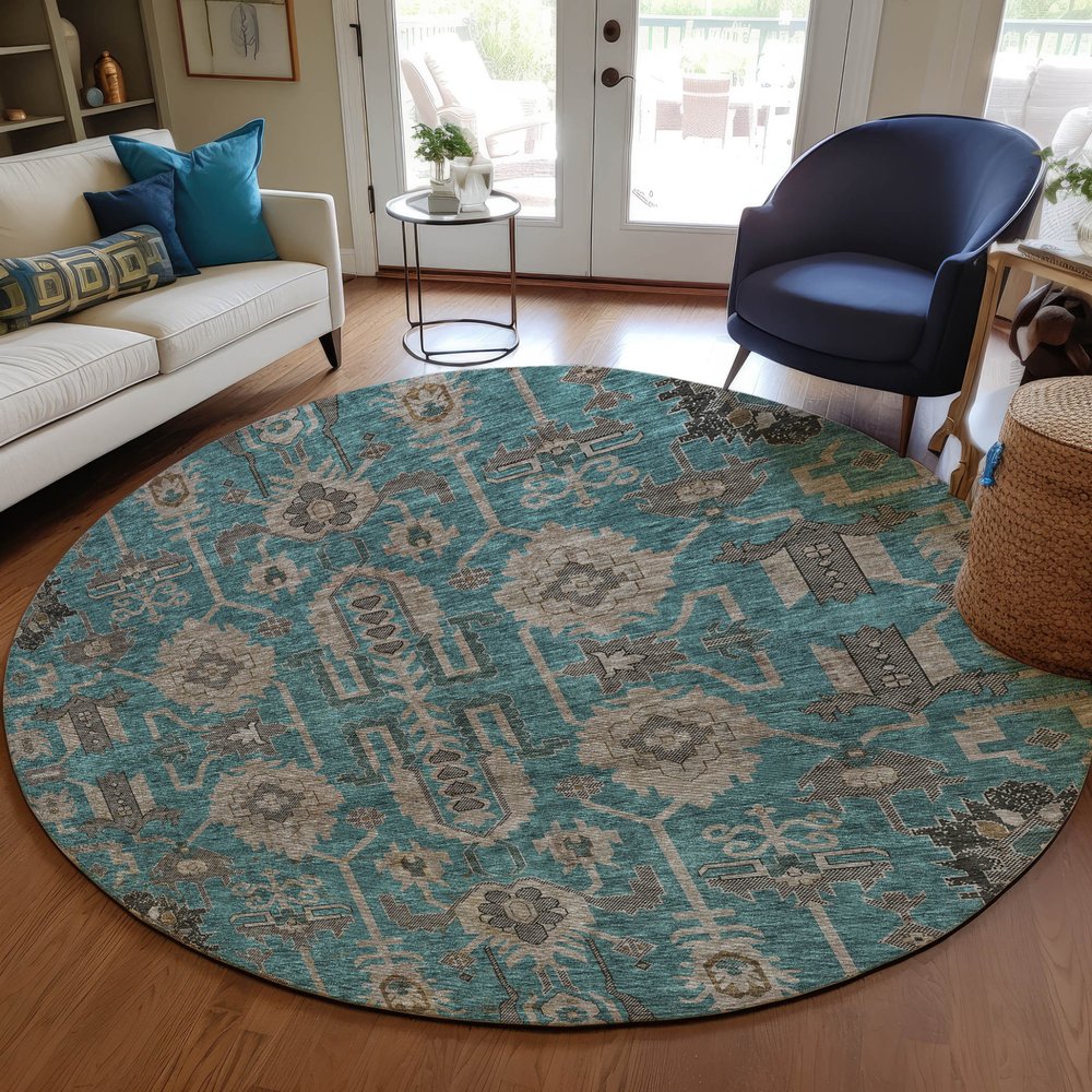 3' X 5' Teal Blue Aqua And Beige Oriental Washable Indoor Outdoor Area Rug