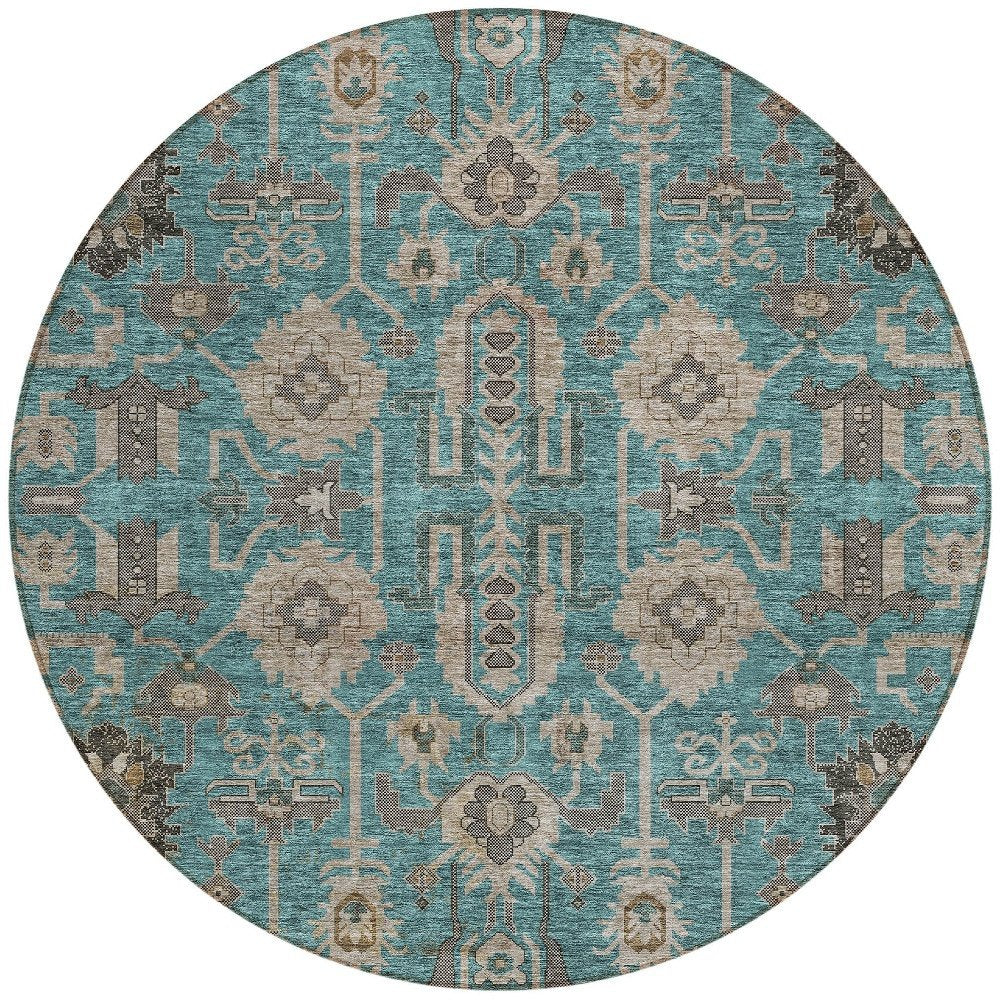 3' X 5' Teal Blue Aqua And Beige Oriental Washable Indoor Outdoor Area Rug