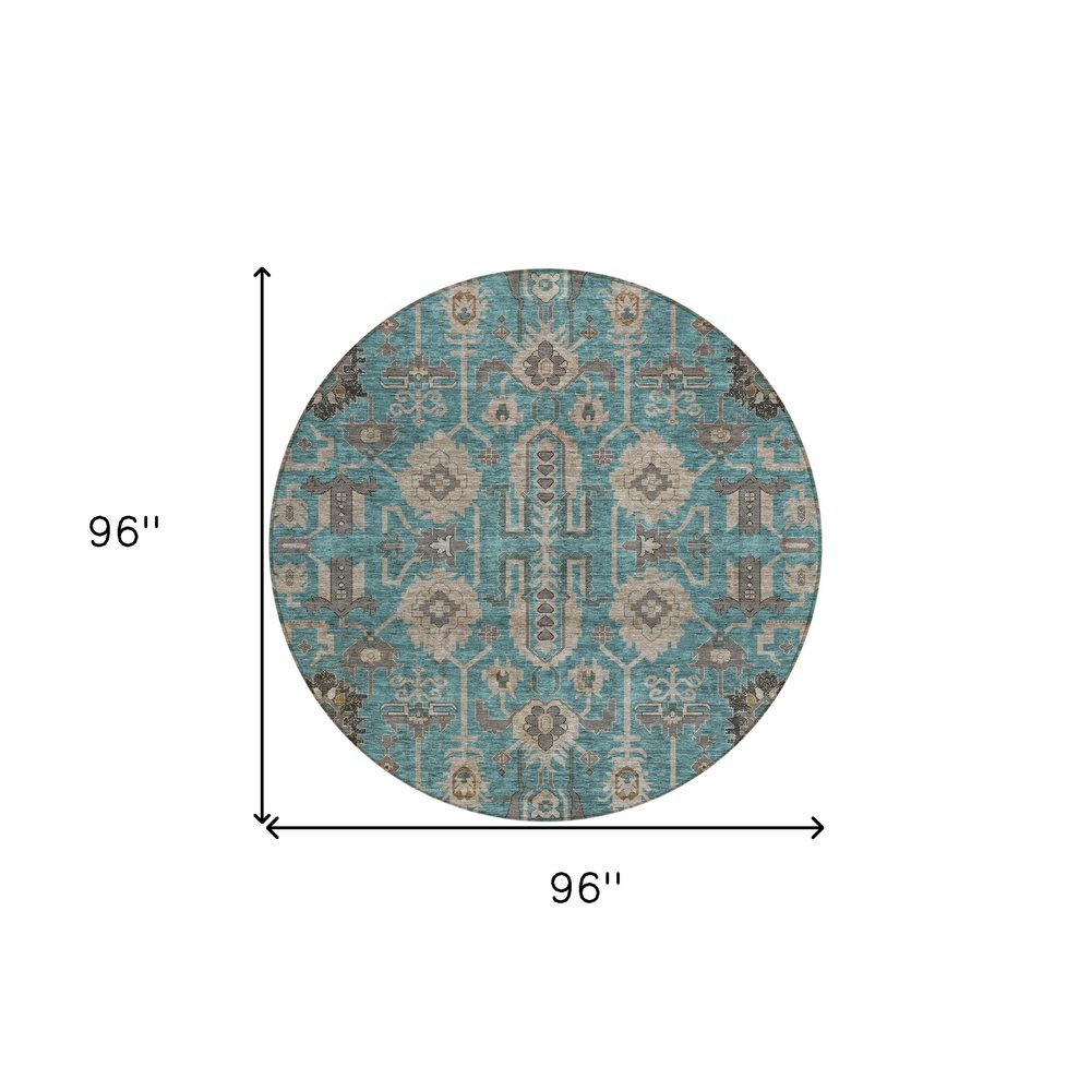 3' X 5' Teal Blue Aqua And Beige Oriental Washable Indoor Outdoor Area Rug