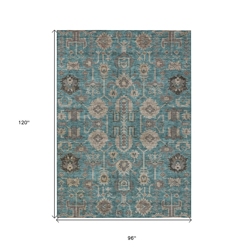 3' X 5' Teal Blue Aqua And Beige Oriental Washable Indoor Outdoor Area Rug