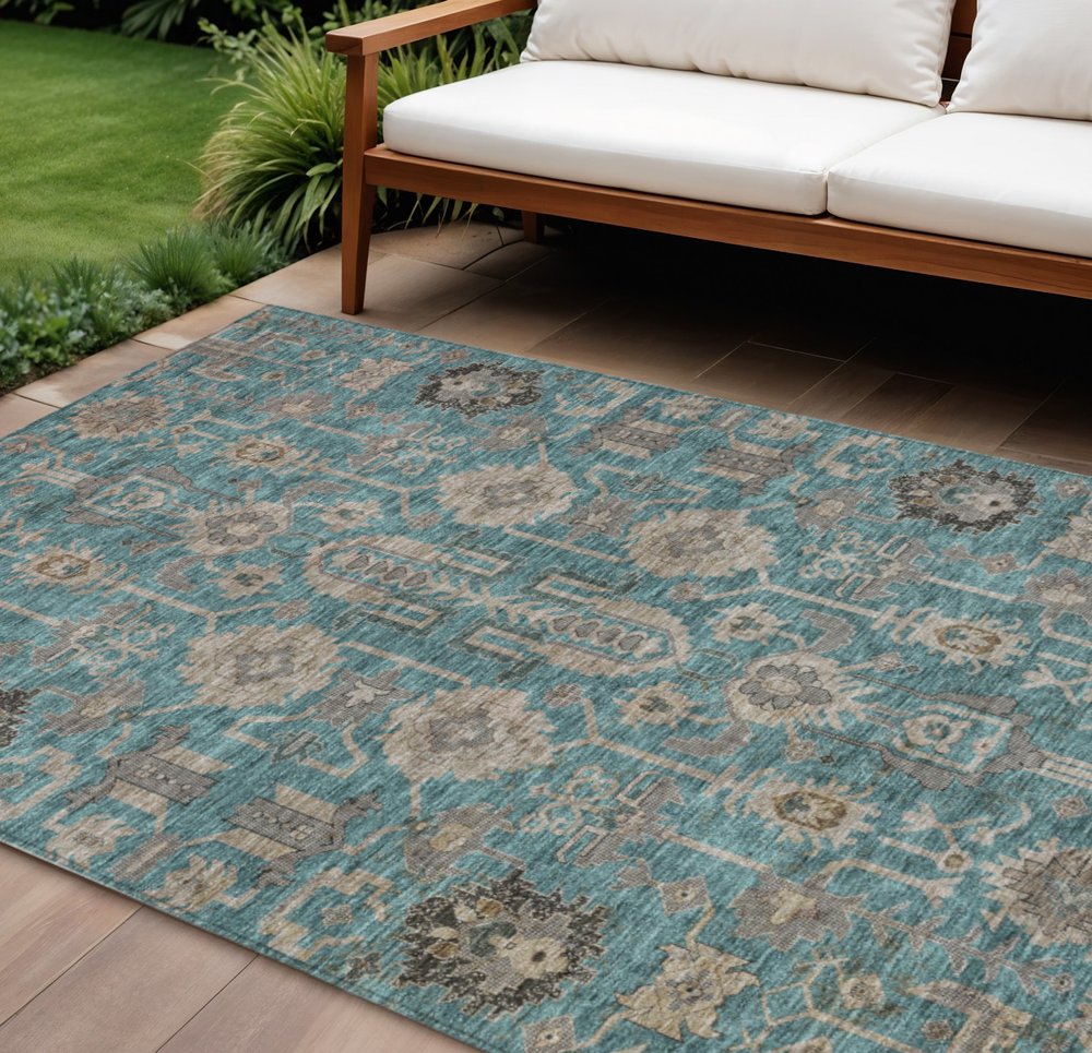 3' X 5' Teal Blue Aqua And Beige Oriental Washable Indoor Outdoor Area Rug