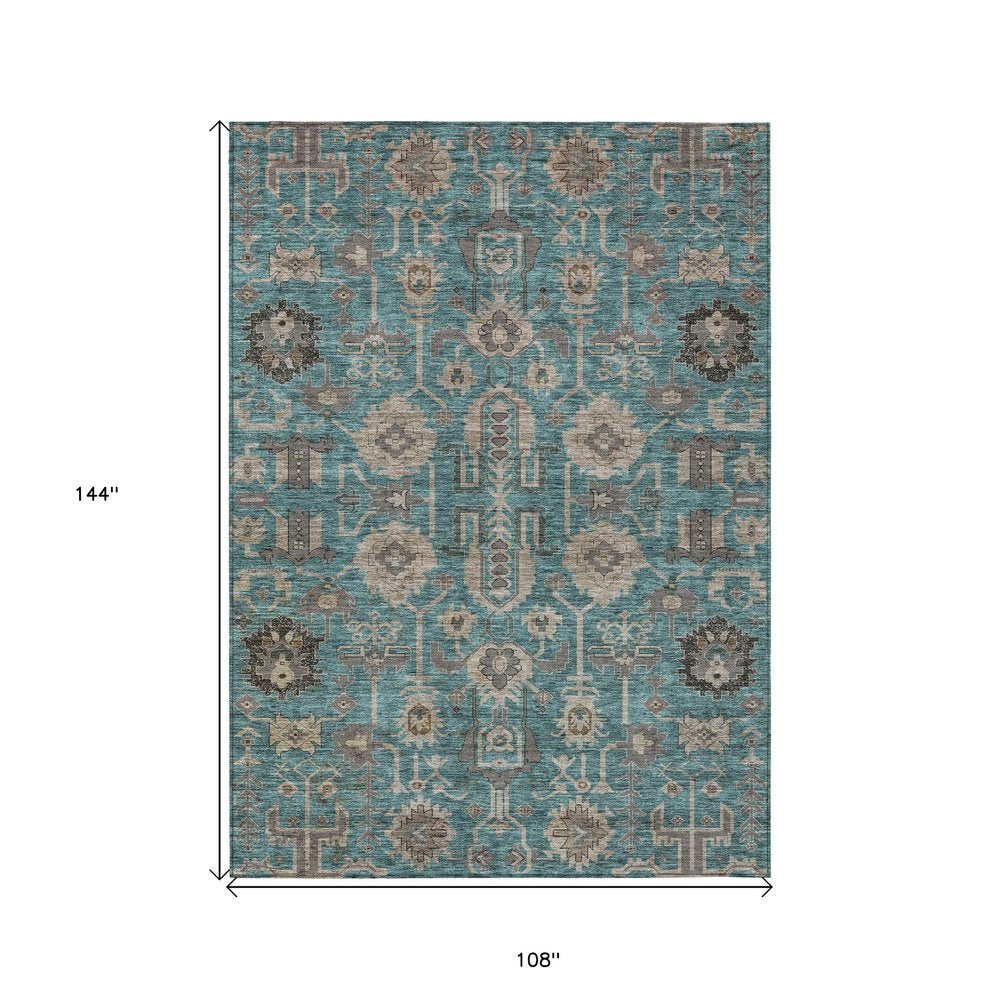 3' X 5' Teal Blue Aqua And Beige Oriental Washable Indoor Outdoor Area Rug