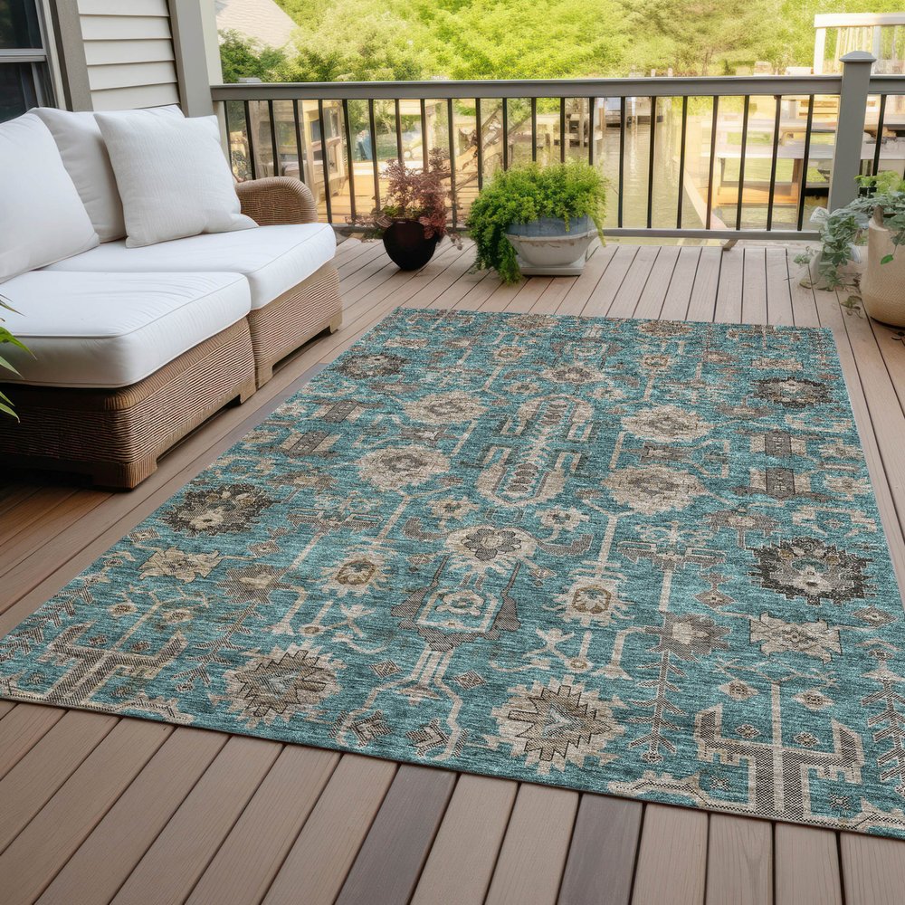 3' X 5' Teal Blue Aqua And Beige Oriental Washable Indoor Outdoor Area Rug
