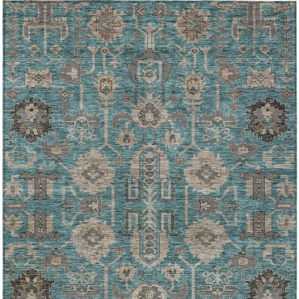3' X 5' Teal Blue Aqua And Beige Oriental Washable Indoor Outdoor Area Rug