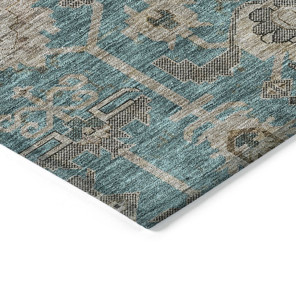 3' X 5' Teal Blue Aqua And Beige Oriental Washable Indoor Outdoor Area Rug