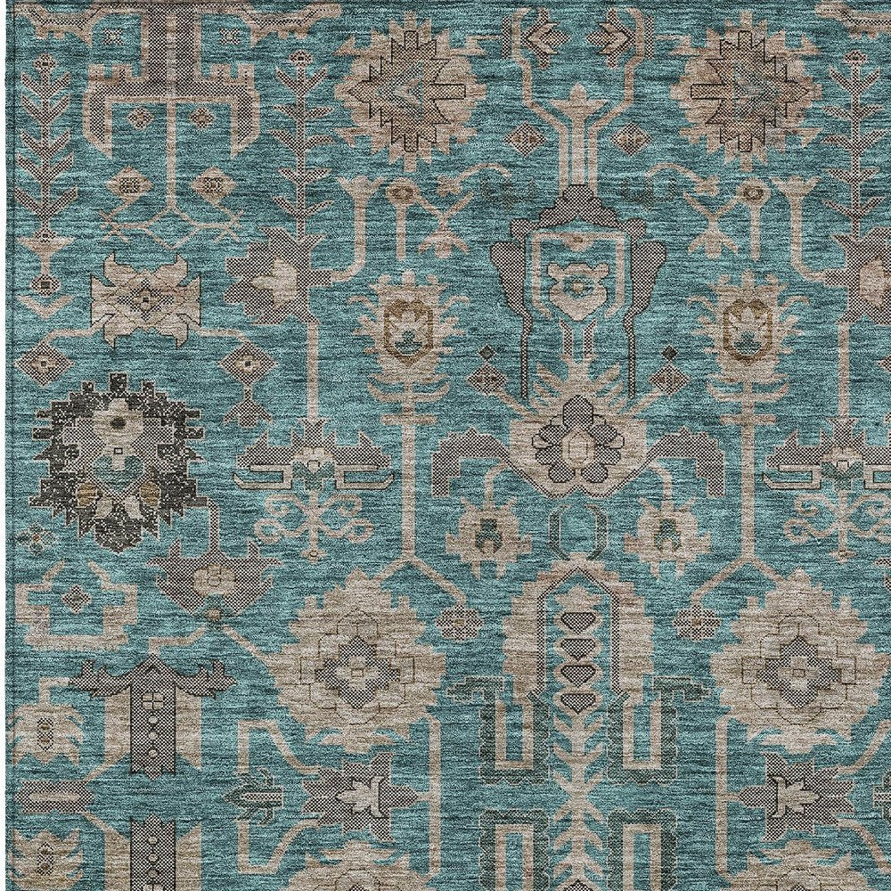 3' X 5' Teal Blue Aqua And Beige Oriental Washable Indoor Outdoor Area Rug