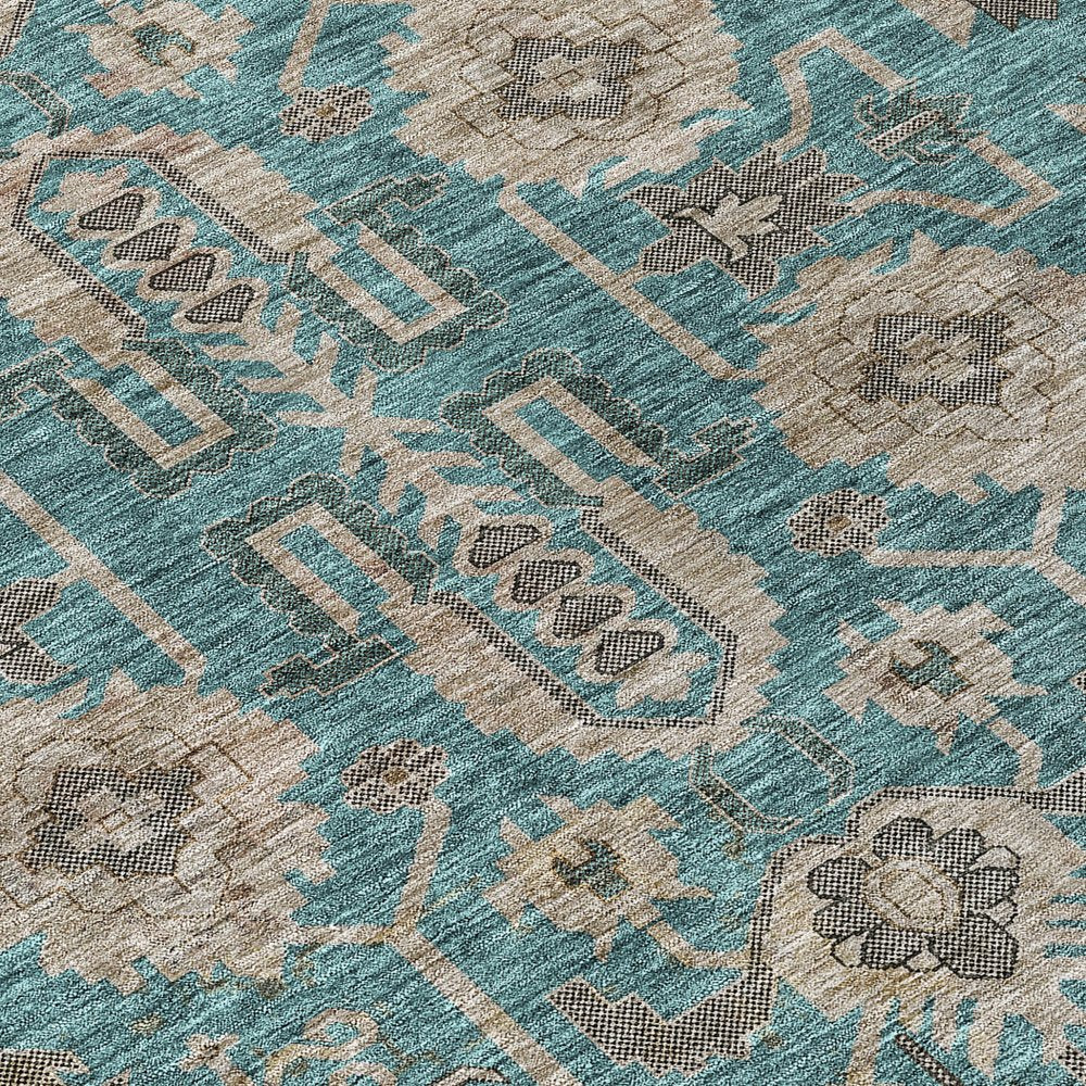 3' X 5' Teal Blue Aqua And Beige Oriental Washable Indoor Outdoor Area Rug