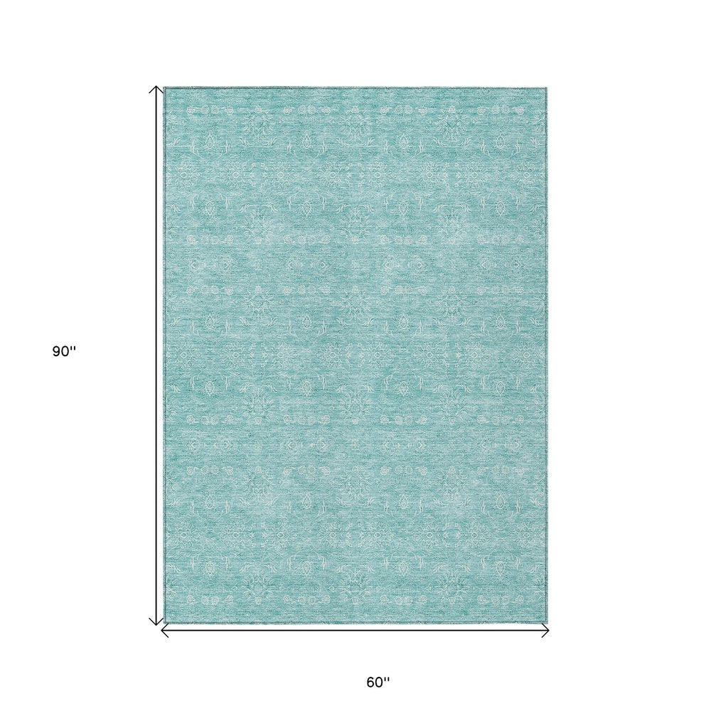 3' X 5' Aqua And Ivory Floral Washable Indoor Outdoor Area Rug