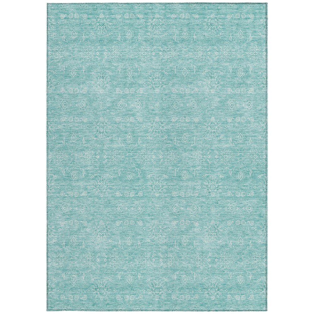 3' X 5' Aqua And Ivory Floral Washable Indoor Outdoor Area Rug