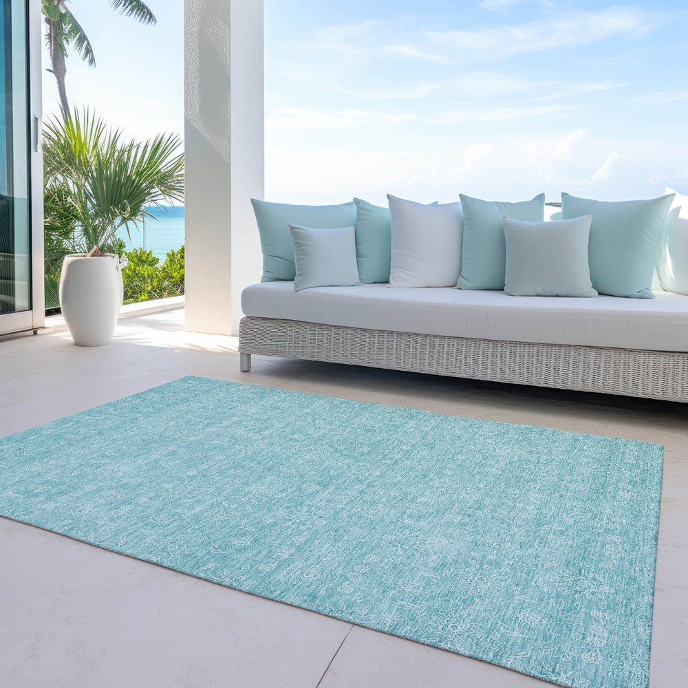 3' X 5' Aqua And Ivory Floral Washable Indoor Outdoor Area Rug