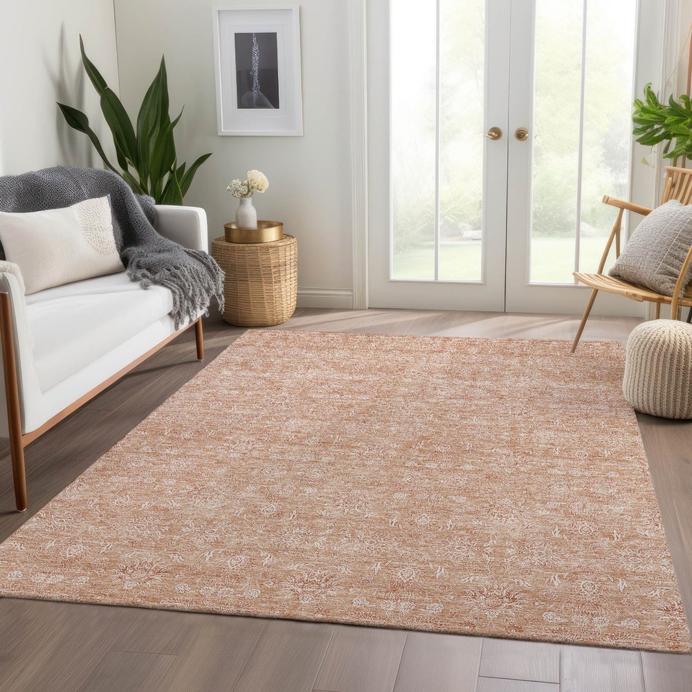 3' X 5' Copper And Beige Floral Washable Indoor Outdoor Area Rug