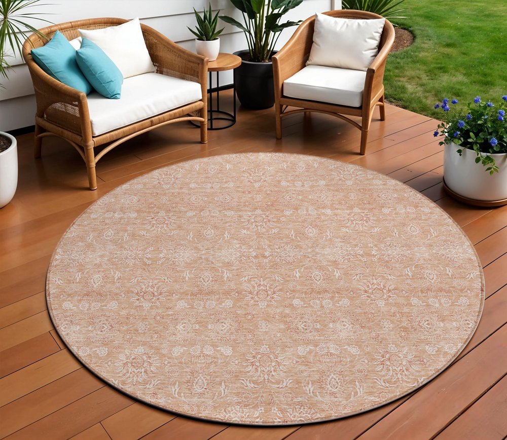 3' X 5' Copper And Beige Floral Washable Indoor Outdoor Area Rug