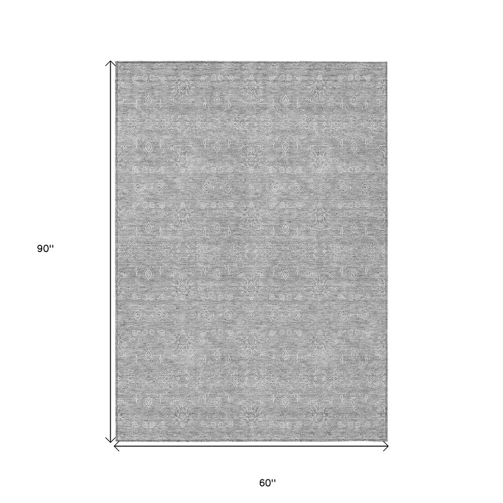 3' X 5' Gray Silver And Ivory Floral Washable Indoor Outdoor Area Rug