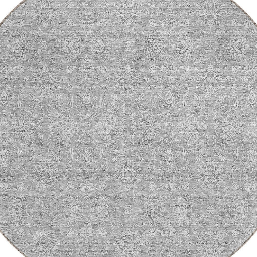3' X 5' Gray Silver And Ivory Floral Washable Indoor Outdoor Area Rug